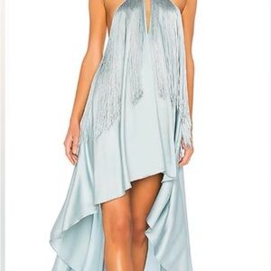 Michael Costello x Revolve Light Blue Fringe Halter Dress